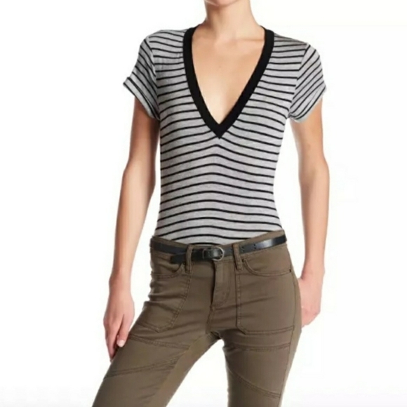 Free People Tops - Free People Grey Black Striped Me Oh My V Neck Short Sleeves Bodysuit Size Small
